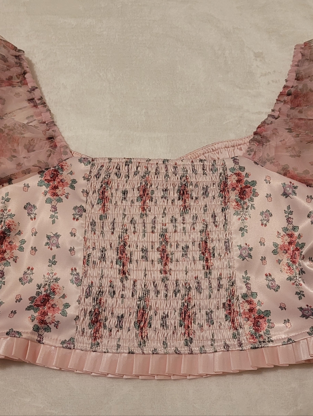 Sugar Thrillz Pink Satin Floral Puff Sleeve Crop Top - Picture 5 of 5